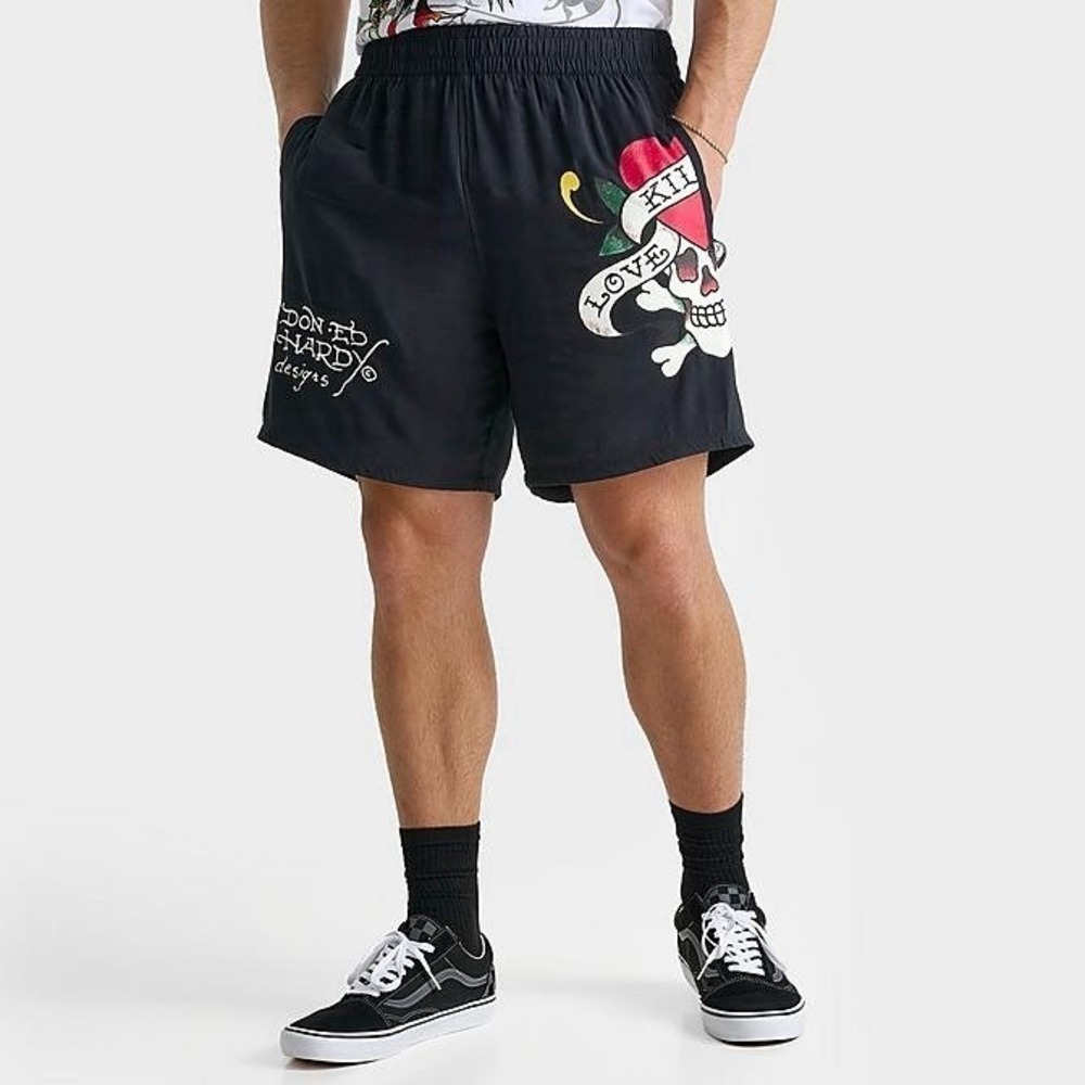 ED HARDY Love Kills Slowly Dagger Heart Skull Woven Shorts Black‎ Men's L *NEW*
